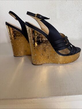 Yves Saint Laurent Black & Gold Textured Wedge Slingbacks
